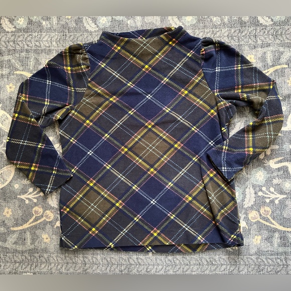 Talbots Tops - Talbots mock neck puff sleeve blue yellow plaid fleece top